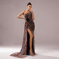 One-Shoulder Leopard Sequined Evening Dress with Diagonal Collar - Florence Luxe