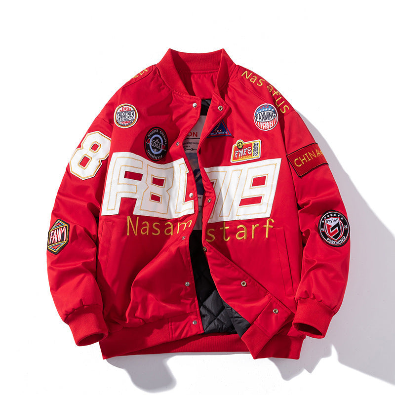 Racing Suit Motorcycle Jacket with Embroidered Baseball Design - Florence Luxe