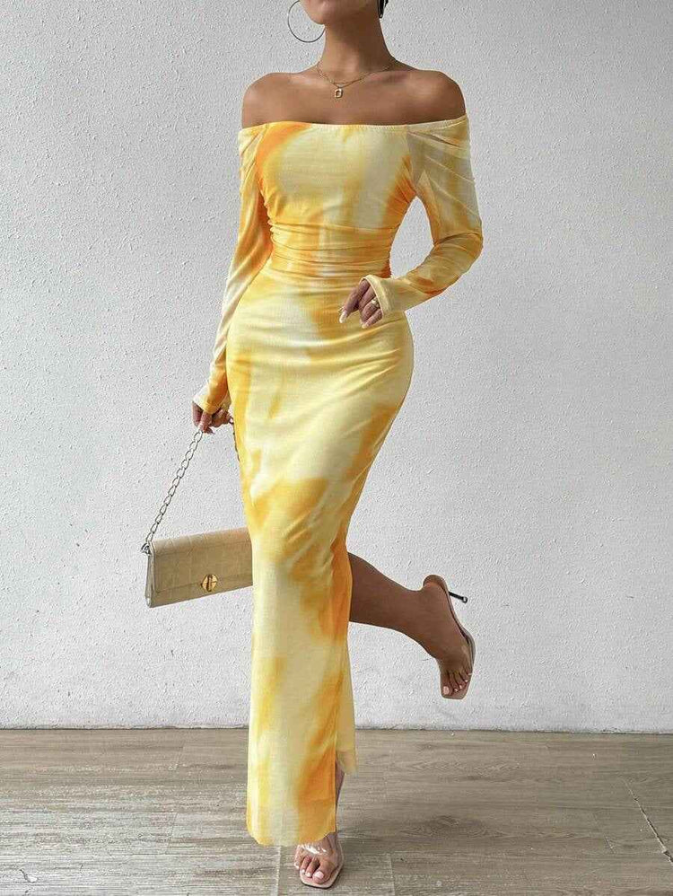 Printed Pleated Sexy Dress with Tight Fit and Split Square Collar