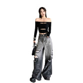 Gradient Ripped Wide Leg Jeans for Hot Girls in Vibrant Colors