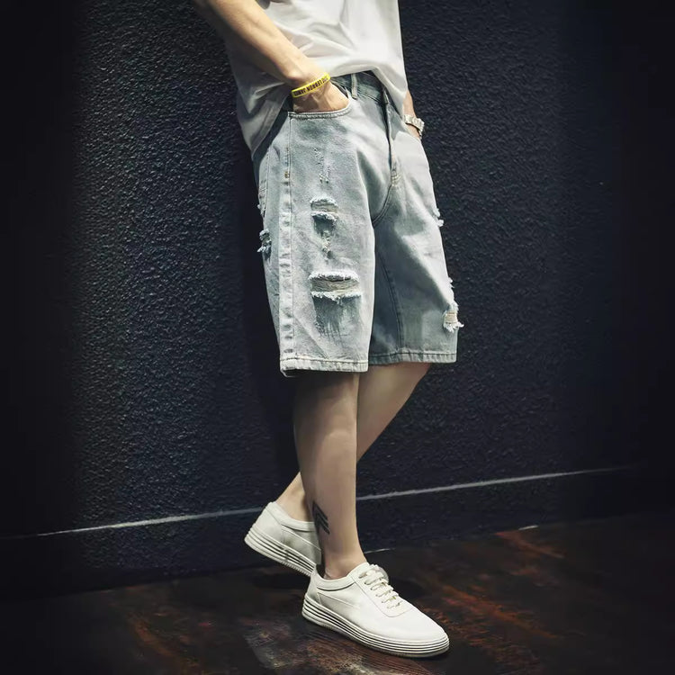 Ripped Denim Outer Wear Fifth Pants - Trendy Ripped Denim Pants for Stylish Outfits - Florence Luxe