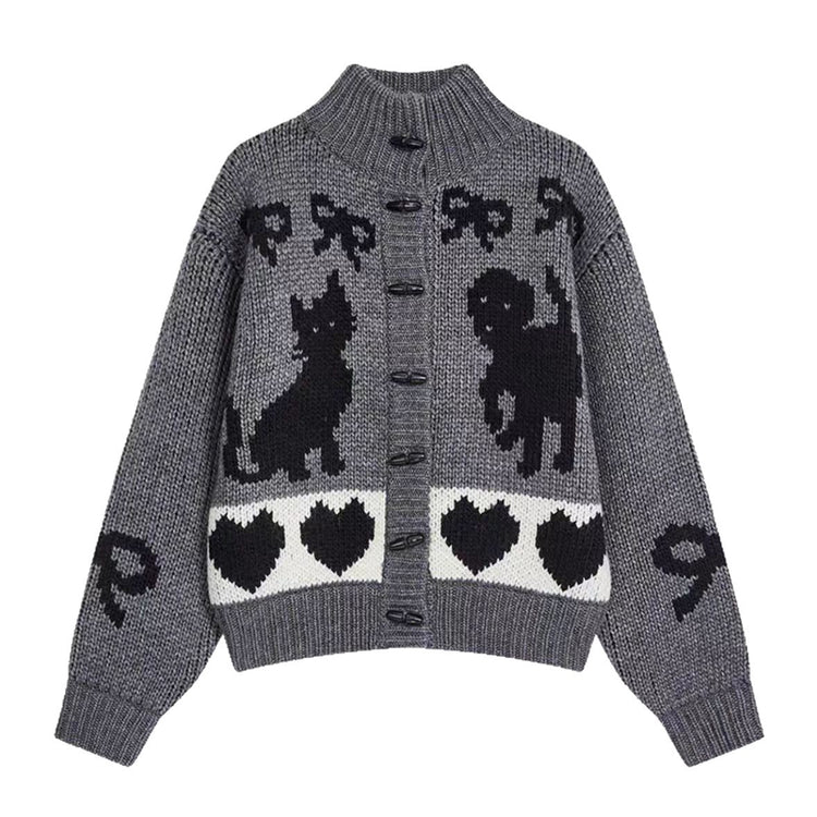 Pattern Stand Collar Knitted Coat For Women.
