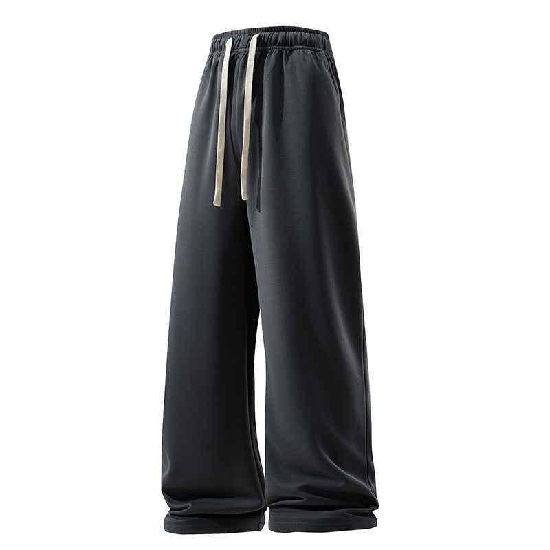 Drawstring Sports Pants with Pockets - Micro Elastic Knitted Fabric, Breathable, Straight Casual Long