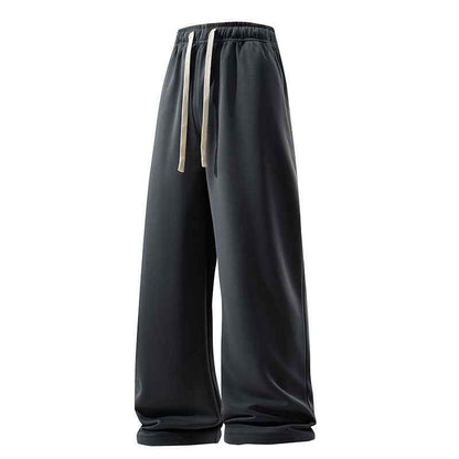 Drawstring Sports Pants with Pockets - Micro Elastic Knitted Fabric, Breathable, Straight Casual Long