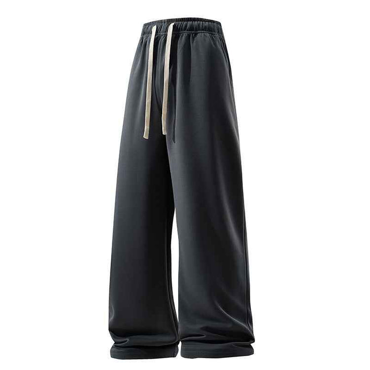 Drawstring Sports Pants with Pockets - Micro Elastic Knitted Fabric, Breathable, Straight Casual Long
