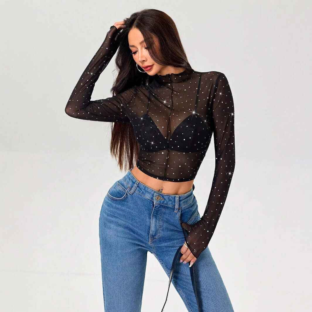 Stand-up Collar Long-sleeved Mesh Decorative T-shirt Top