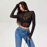 Stand-up Collar Long-sleeved Mesh Decorative T-shirt Top