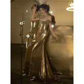 Gold Evening Dress Off-shoulder Sequined Tube Top Bridal Fishtail Gown for Women - Florence Luxe