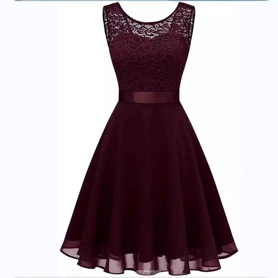 European And American Hollow Waist Solid Color Dress - Sleeveless Lace Hepburn Style