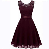 European And American Hollow Waist Solid Color Dress - Sleeveless Lace Hepburn Style
