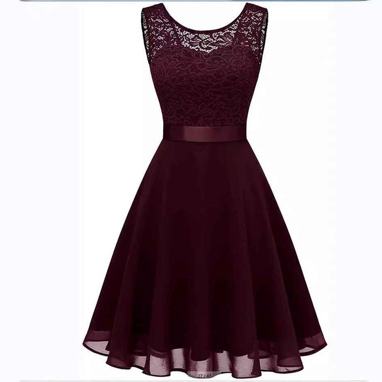 European And American Hollow Waist Solid Color Dress - Sleeveless Lace Hepburn Style