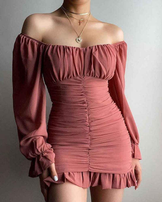 Off Shoulder Ruched Bell Sleeve Ruffles Dress