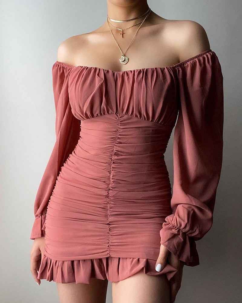 Off Shoulder Ruched Bell Sleeve Ruffles Dress