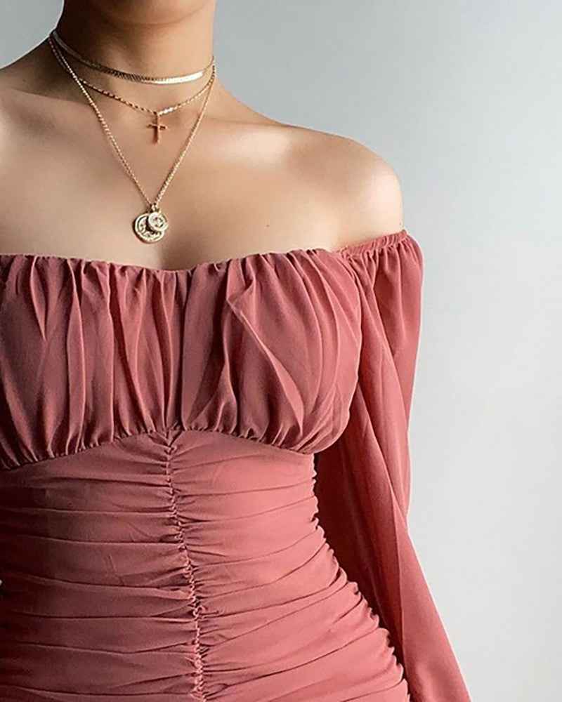 Off Shoulder Ruched Bell Sleeve Ruffles Dress