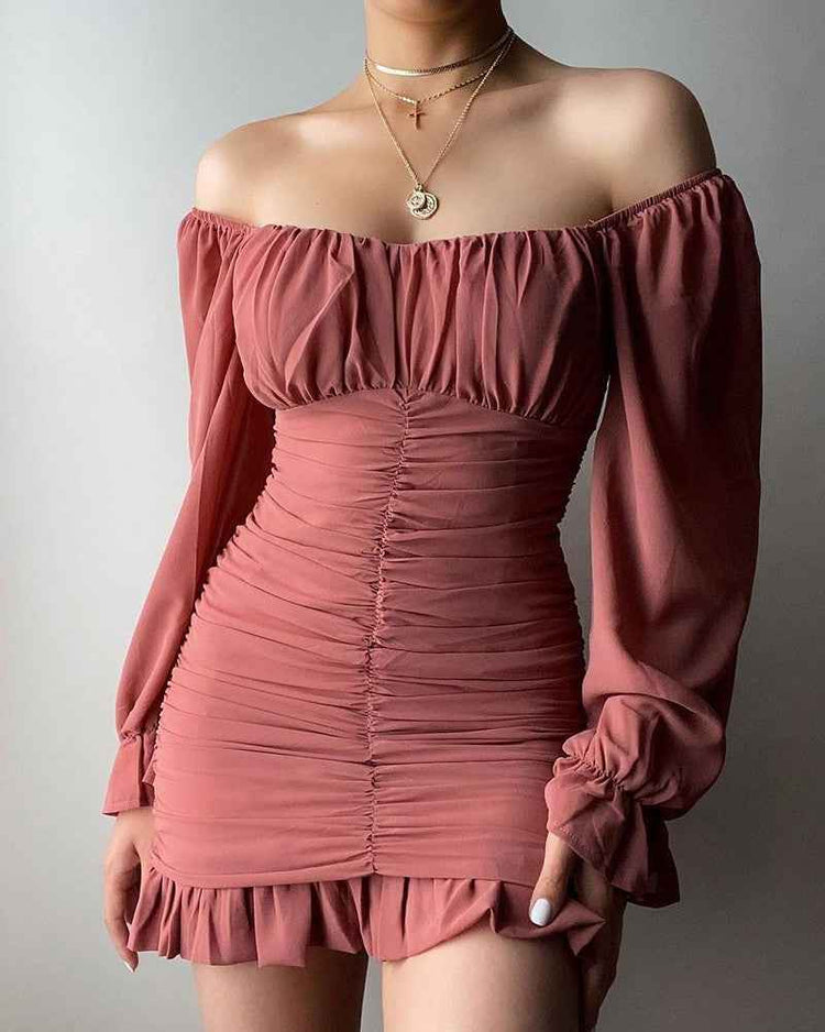 Off Shoulder Ruched Bell Sleeve Ruffles Dress