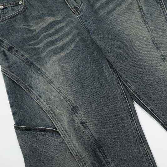 American Retro Wide Leg Jeans Men - Heavy Industry Deconstruction Stitching