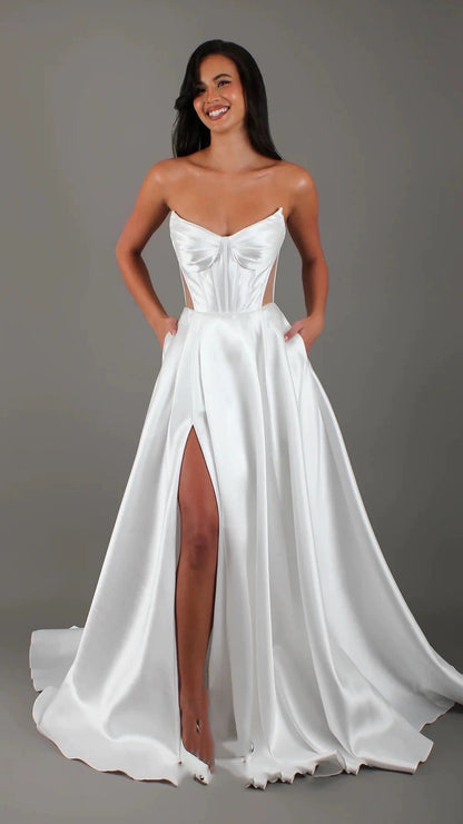 White Satin Bandage Wedding Dress with Slit Pocket