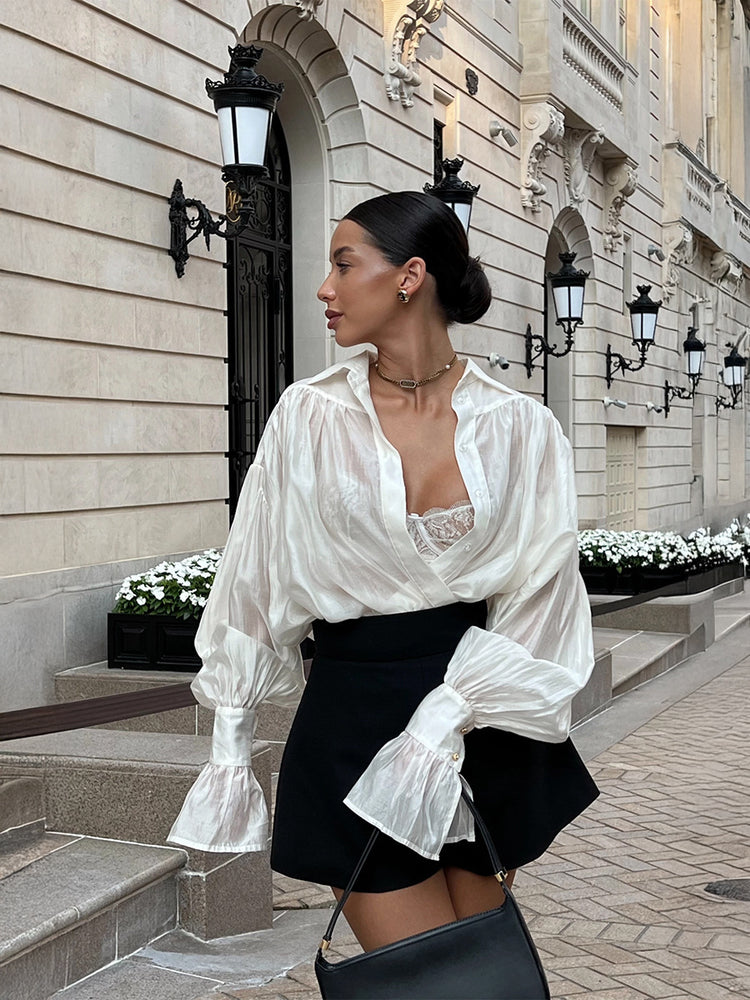 Ins French Lantern Sleeve Shirt Fashion Button Lapel Long Sleeved Tops Casual Women&