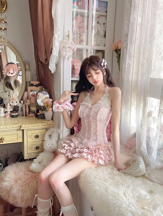 Bow Lace Halter Outfit with Multi-layer Puffy Skirt - Florence Luxe