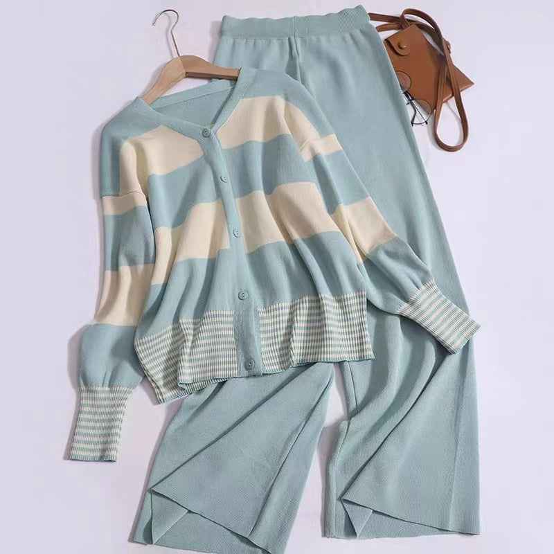 Korean Style Striped Cardigan Pants Suit - Youthful V-neck Knitted Two-Piece Fashion Set