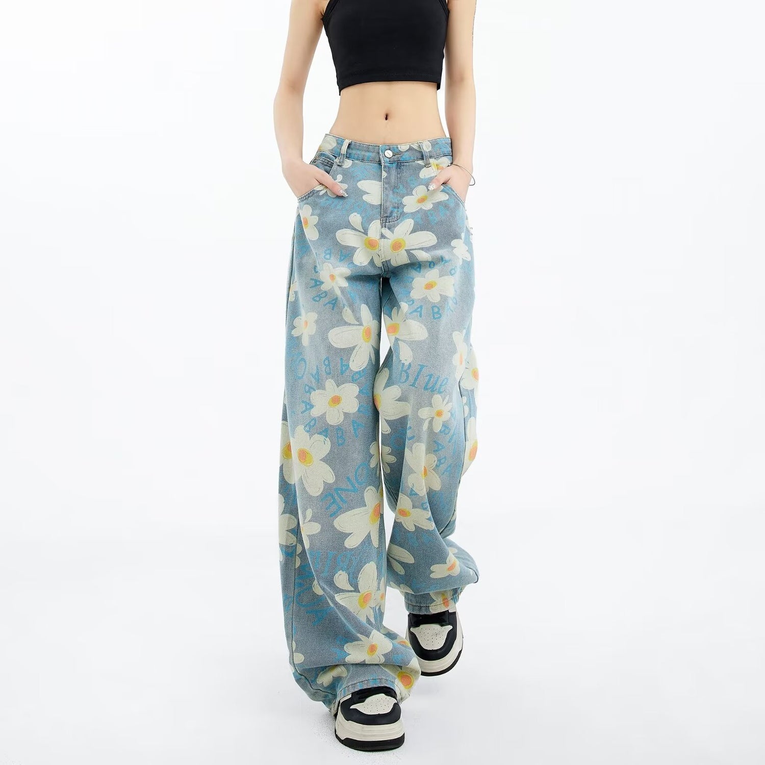New Summer Floral Wide-Leg Jeans for Women - Washed Printed Style - Florence Luxe