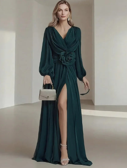 Flower Chiffon Wedding Dress with Long Puff Sleeves and V-neck - Flowy Maxi Dress