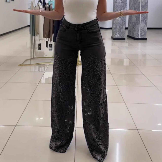 Y2K Lace Flowers Jeans High Waist Straight Wide Leg Pants for Women
