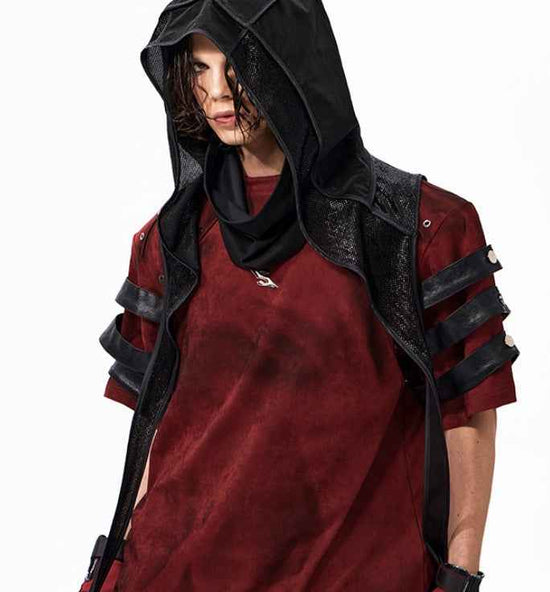 Dark Leather Patchwork T-Shirt in Dirty Dyed Red