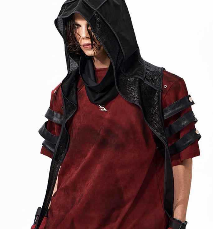 Dark Leather Patchwork T-Shirt in Dirty Dyed Red