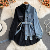 Denim Lapel Dress with Stitching, Waist Slimming Mid-Length Shirt - Florence Luxe