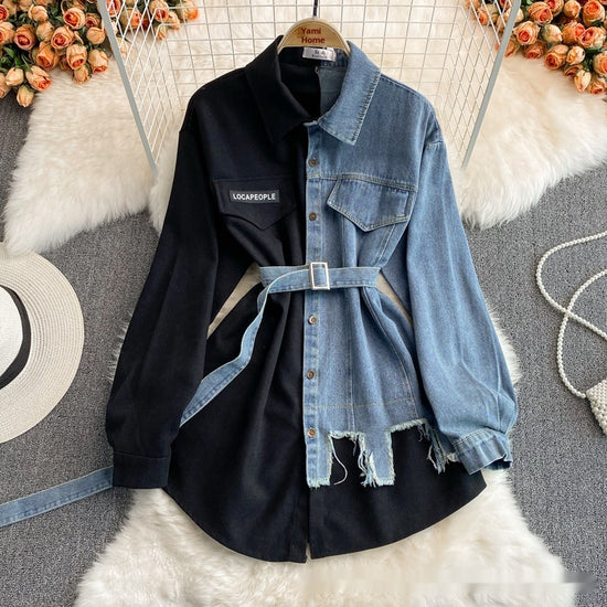 Denim Lapel Dress with Stitching, Waist Slimming Mid-Length Shirt - Florence Luxe