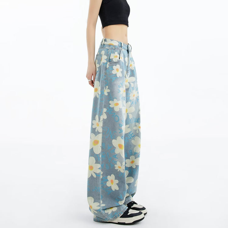 New Summer Floral Wide-Leg Jeans for Women - Washed Printed Style - Florence Luxe