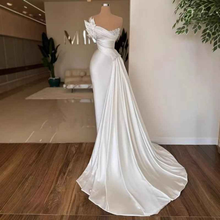 Strapless Long Sleeve Sequins Evening Dress - Stunning White Satin Wedding Dress for Parties