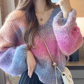 Lazy Fashion V-neck Striped Gradient Sweater for Trendy Looks with Retro High Waist Jeans