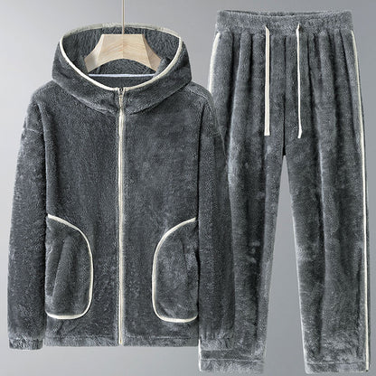 Winter Coral Fleece Heavy Velvet Thickened Zipper Cardigan Plus Size Pajamas Suit in gray.