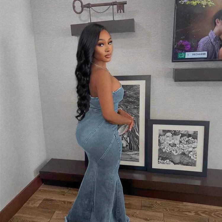 Fashion Slim-fit Chest Wrap Dress Fishtail Hip Wrap Denim Dress