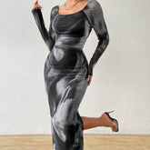 Printed Pleated Sexy Dress with Tight Fit and Split Square Collar