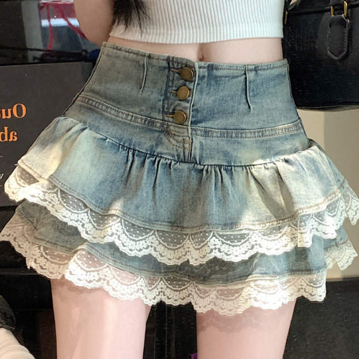 Pure Hot Girl Style Double-layer Lace Ruffled Denim Skirt Women - Florence Luxe