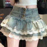 Pure Hot Girl Style Double-layer Lace Ruffled Denim Skirt Women - Florence Luxe