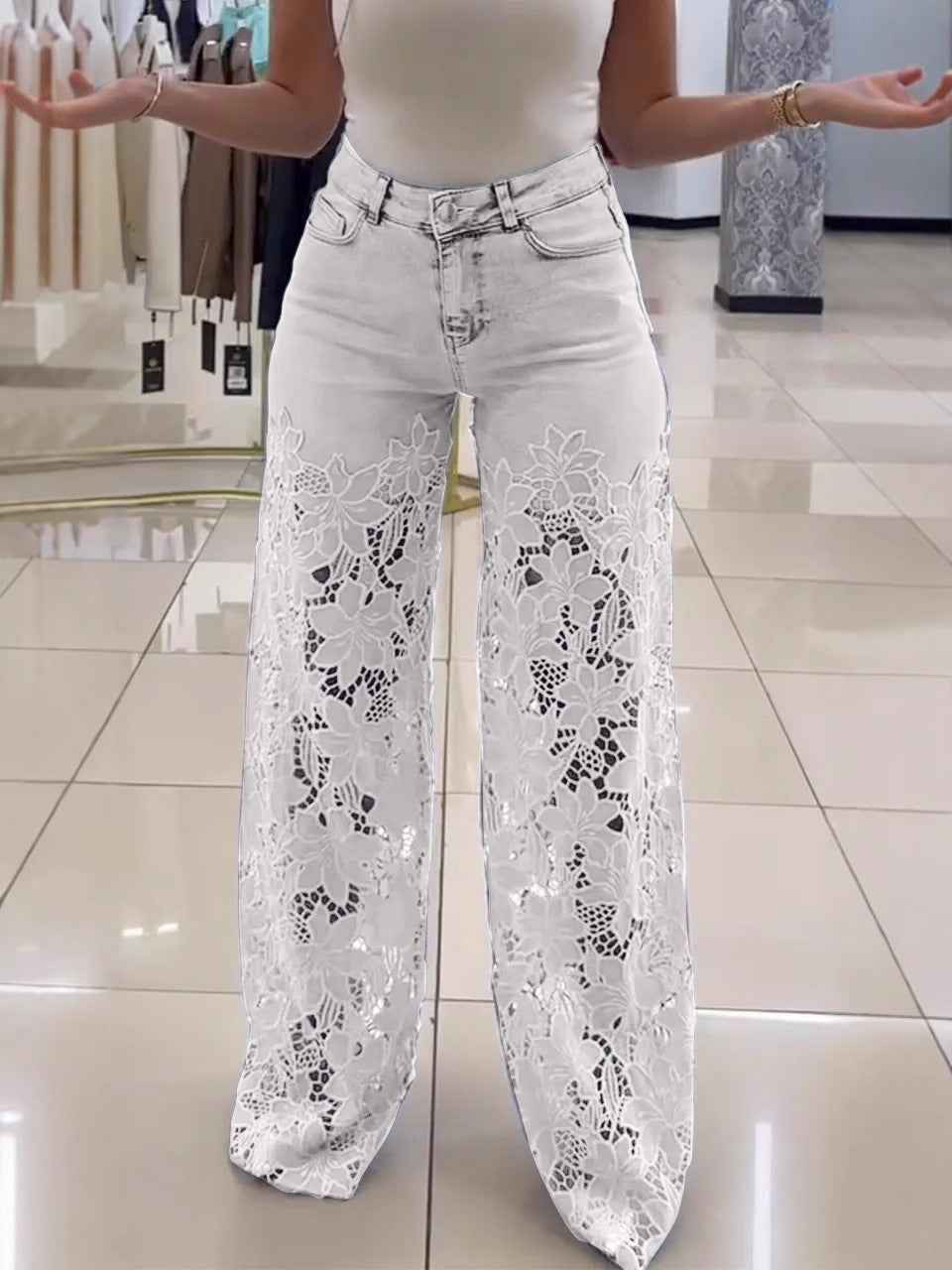 Y2K Lace Flowers Jeans High Waist Straight Wide Leg Pants for Women