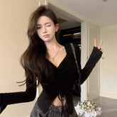 Split Hem Fitted Long Sleeve T-Shirt with Drawstring Waist Design - Florence Luxe