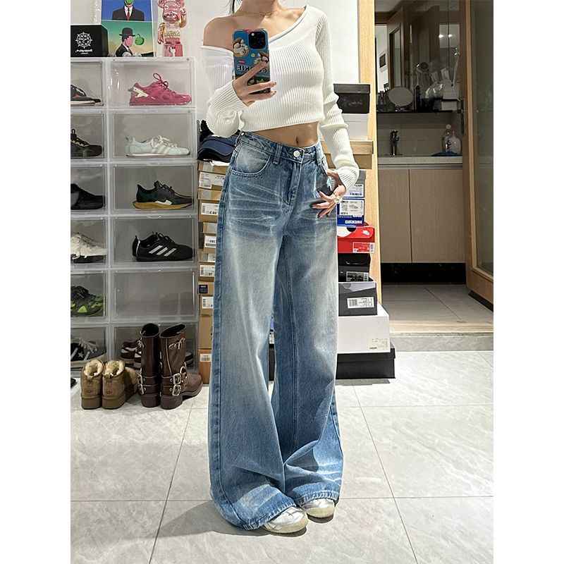 Retro Washed High Waist Rhinestone Straight Leg Jeans for Women Baggy Wide Leg Trousers