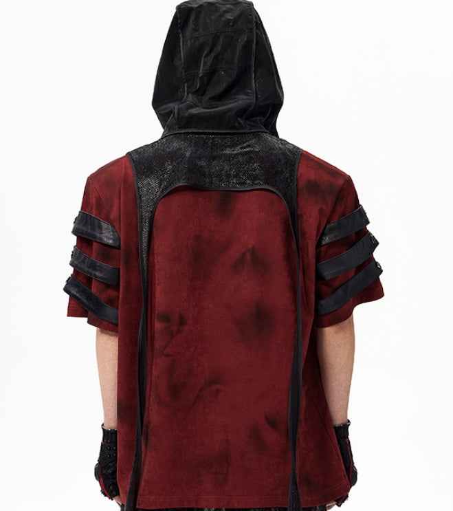 Dark Leather Patchwork T-Shirt in Dirty Dyed Red