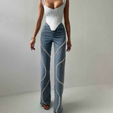 Rhinestone Loose Straight Leg Jeans for Women - Fashionable Casual Pants with Stylish Denim Design