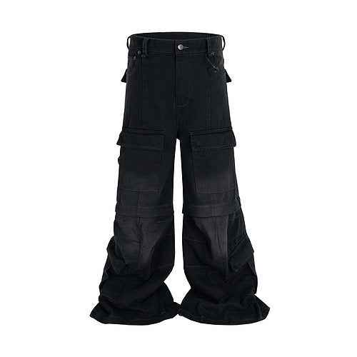 Detachable Multi-Pocket Overalls - Worn-Looking Washed-Out Two-Way Style