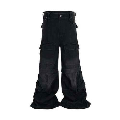 Detachable Multi-Pocket Overalls - Worn-Looking Washed-Out Two-Way Style