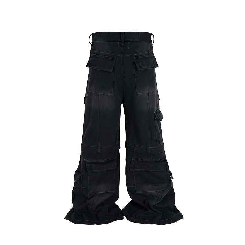 Detachable Multi-Pocket Overalls - Worn-Looking Washed-Out Two-Way Style