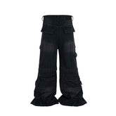 Detachable Multi-Pocket Overalls - Worn-Looking Washed-Out Two-Way Style
