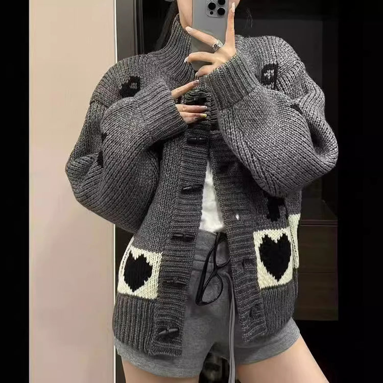 Pattern Stand Collar Knitted Coat For Women.