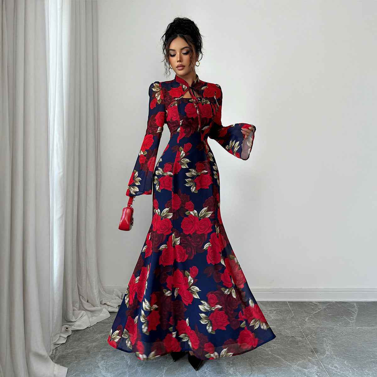 Elegant Style Printed Long-sleeved Dress For Women